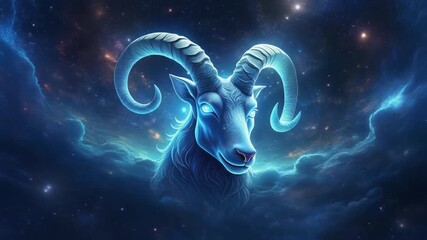 Cosmic ram zodiac symbol with glowing horns and eyes against a nebula and starry sky, ideal for astrology and horoscope themes