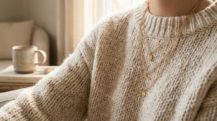 A person wearing a cozy sweater is relaxing near a mug and a stack of books, in a soft-lit indoor setting