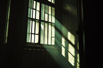 Barred window light streaks dark room