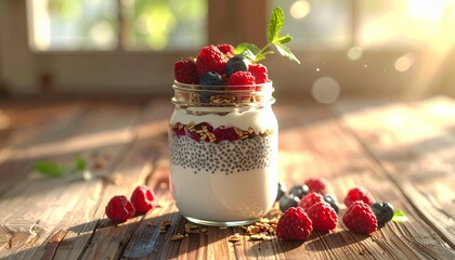 Healthy Breakfast Jar with Yogurt, Chia Seeds, Granola, and Fresh Berries in Sunlight.