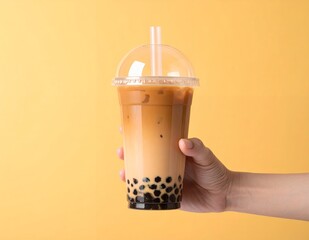 Hand holding a refreshing bubble tea with tapioca pearls and ice cubes against a vibrant yellow background.