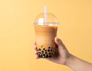 Hand holding a refreshing bubble milk tea with tapioca pearls on a yellow background.