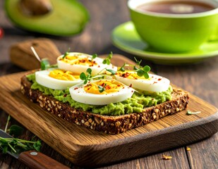 Healthy Avocado Toast with Boiled Eggs and Fresh Herbs on a Wooden Board, Served with a Cup of Tea.