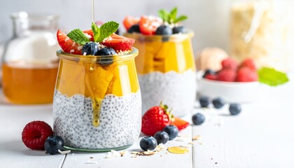 Healthy Chia Seed Pudding with Mango Puree and Fresh Berries for a Nutritious Breakfast.