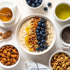 Healthy Oatmeal Bowl with Berries, Nuts, and Honey for a Nutritious Breakfast.