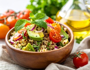 Healthy Quinoa Salad with Fresh Vegetables and Avocado.