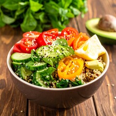 Healthy Quinoa Bowl with Fresh Vegetables and Avocado.