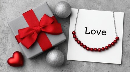 Romantic Gift Composition with Necklace and Red Accents for Valentine's Day Celebration