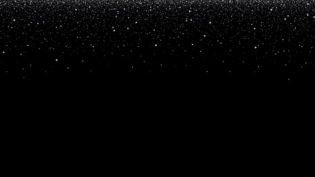 Falling silver glitter and stars cascade down from the top edge against a deep black background creating a festive border