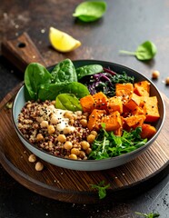 Healthy Vegan Buddha Bowl with Roasted Sweet Potatoes, Quinoa, Chickpeas, and Fresh Greens.