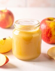 Homemade Apple Puree in a Glass Jar with Fresh Apples and Slices.