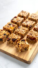 Homemade Granola Bars with Dried Fruits and Nuts on a Wooden Cutting Board.