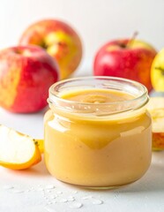 Homemade Apple Butter in a Jar with Fresh Apples and Slices on a White Background.