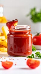 Homemade Ketchup in a Jar with Fresh Tomatoes and French Fries.