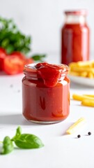 Homemade Ketchup in a Jar with Fresh Ingredients.