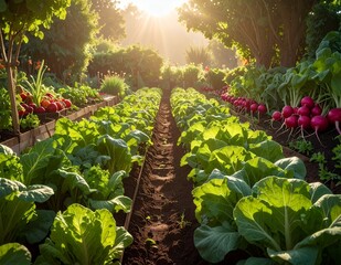 Lush Vegetable Garden Bathed in Golden Sunlight.
