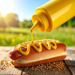 Mustard Squeezing onto a Hot Dog on a Wooden Table Outdoors.