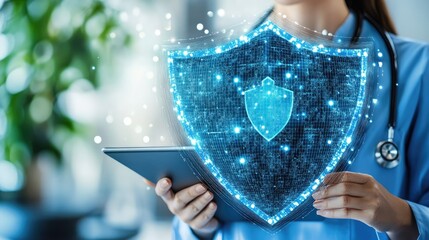 Doctor holds shield graphic over tablet
