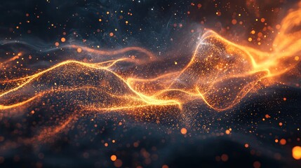 A dynamic, fiery wave of orange and yellow particles against a dark, starry background. The wave is illuminated by a bright, fiery glow, creating a sense of movement and energy.
