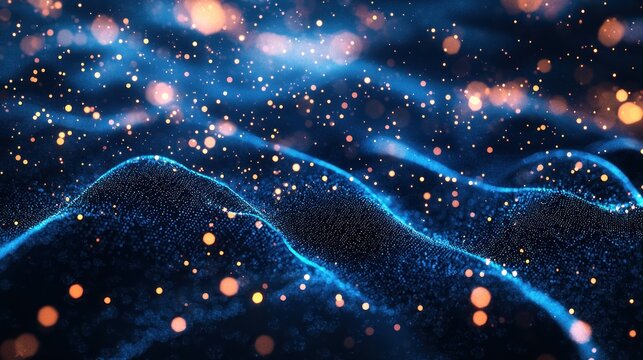 A blue and orange light wave with glowing particles and a dark background. - Powered by Adobe