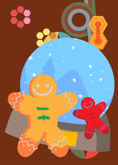 Retro 70s Background with Snow Globe and Gingerbread Man Christmas Cookie. Groovy Christmas 1970s art template. Minimalistic Vintage design poster. Old-fashioned color artwork.