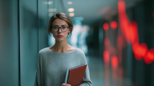 Focused Professional: A determined individual with a portfolio in hand navigates a contemporary office corridor, embodying the essence of business acumen and professional resolve. 