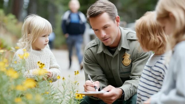 Park ranger educating children about nature conservation in forest setting