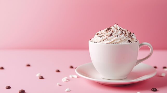 A white cup filled with a creamy beverage topped with whipped cream and sprinkles on a pink background. - Powered by Adobe