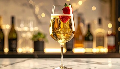 Sparkling Wine with Strawberry Garnish on a Bar Counter.