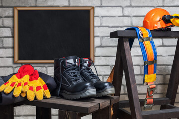 Industrial protective gear. Place for text.