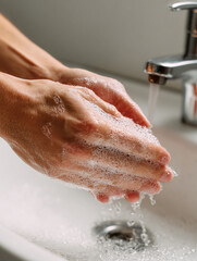 Fototapeta premium Close-up of a pair of hands washing with foaming soap in a sink.