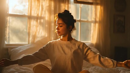 Serene Morning Ritual: A woman finds inner peace, meditating in soft morning light, embracing tranquility and mindfulness.