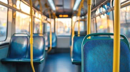 Empty bus interior with blue seats and yellow poles.