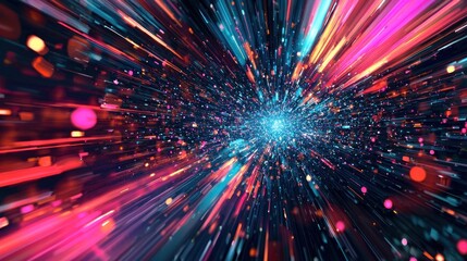 A vibrant, colorful, abstract digital artwork featuring a burst of vibrant, swirling colors and patterns in a cosmic, starburst-like design.