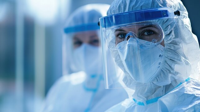 Two healthcare workers in full PPE gear, including face shields, masks, and gloves, standing outdoors in a hospital setting. - Powered by Adobe