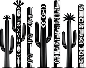 Stylized desert cacti and indigenous totem poles illustration.