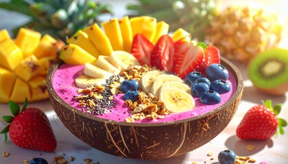 Vibrant tropical smoothie bowl with fresh fruits, granola, and berries, served in a coconut shell, perfect for a healthy breakfast or snack.