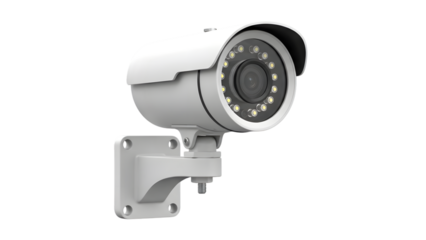 A modern white bullet security camera with night vision capability