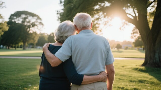 Senior caucasian couple snuggling watching sunset in park - Powered by Adobe