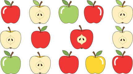 Collection of colorful apple vector illustrations featuring whole apples, sliced apples, green, red, and yellow fruit designs for food themes