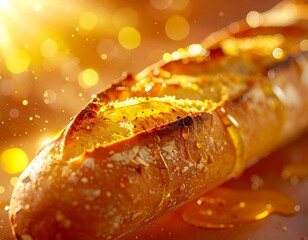 Cinematic macro shot of a gourmet baguette brushed lightly with olive oil, bright tidy background, contrast studio lighting