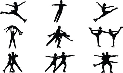 Figure skating silhouette icon set showing dynamic poses, elegant lifts, and synchronized routines for sports, winter, and performance themes
