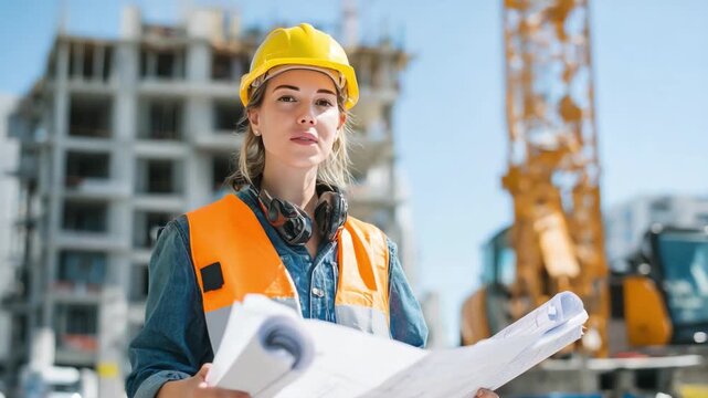 Visionary at the Construction Site: A determined female engineer, clad in a safety helmet and vest, intently examines blueprints against the backdrop of an ongoing construction project.