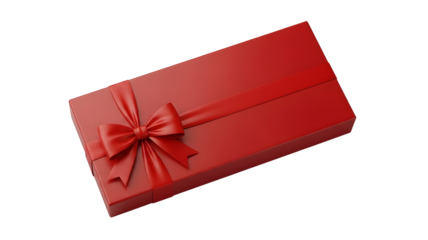 Long rectangular red gift box with a satin ribbon and bow, isolated on transparent background for holiday or celebration present concept