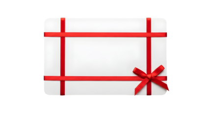 Blank white gift card with red ribbon and bow isolated on transparent background