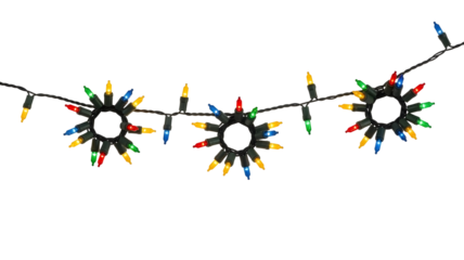 String of colorful starshaped christmas lights with traditional bulbs, isolated on transparent background