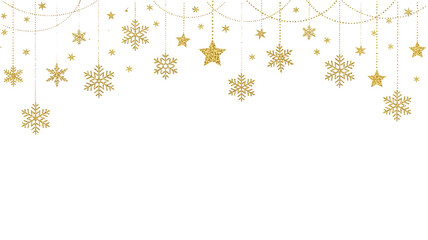 Glittering gold snowflakes and stars hanging border frame decoration isolated on transparent background for christmas and new year holiday design