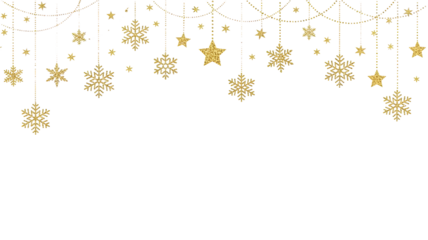 Glittering gold snowflakes and stars hanging border frame decoration isolated on transparent background for christmas and new year holiday design