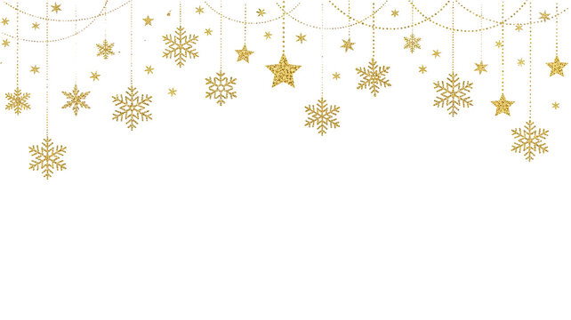 Glittering gold snowflakes and stars hanging border frame decoration isolated on transparent background for christmas and new year holiday design
