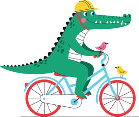  Humorous and Stylized Cartoon Vector Illustration of a Happy Green Crocodile Riding a Light Blue Bicycle with a Yellow Safety Helmet and Two Small Birds, Symbolizing Fun, Travel, and Outdoor Activity